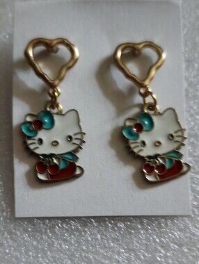Hand Crafted white, teal and red heart dangle cat enamel earrings